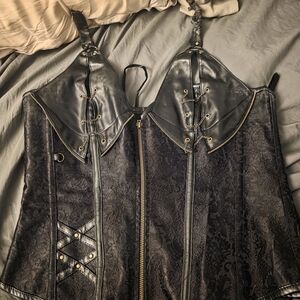 Black Lace-Panel Faux Leather Corset Vest with Zip Front and Grommet Detail